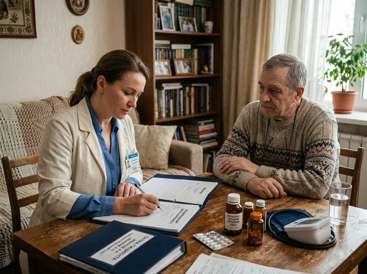 Врач нарколог записывает рекомендации для пациента, папка с документами, препараты на столе, домашняя обстановка, спокойное завершение визита