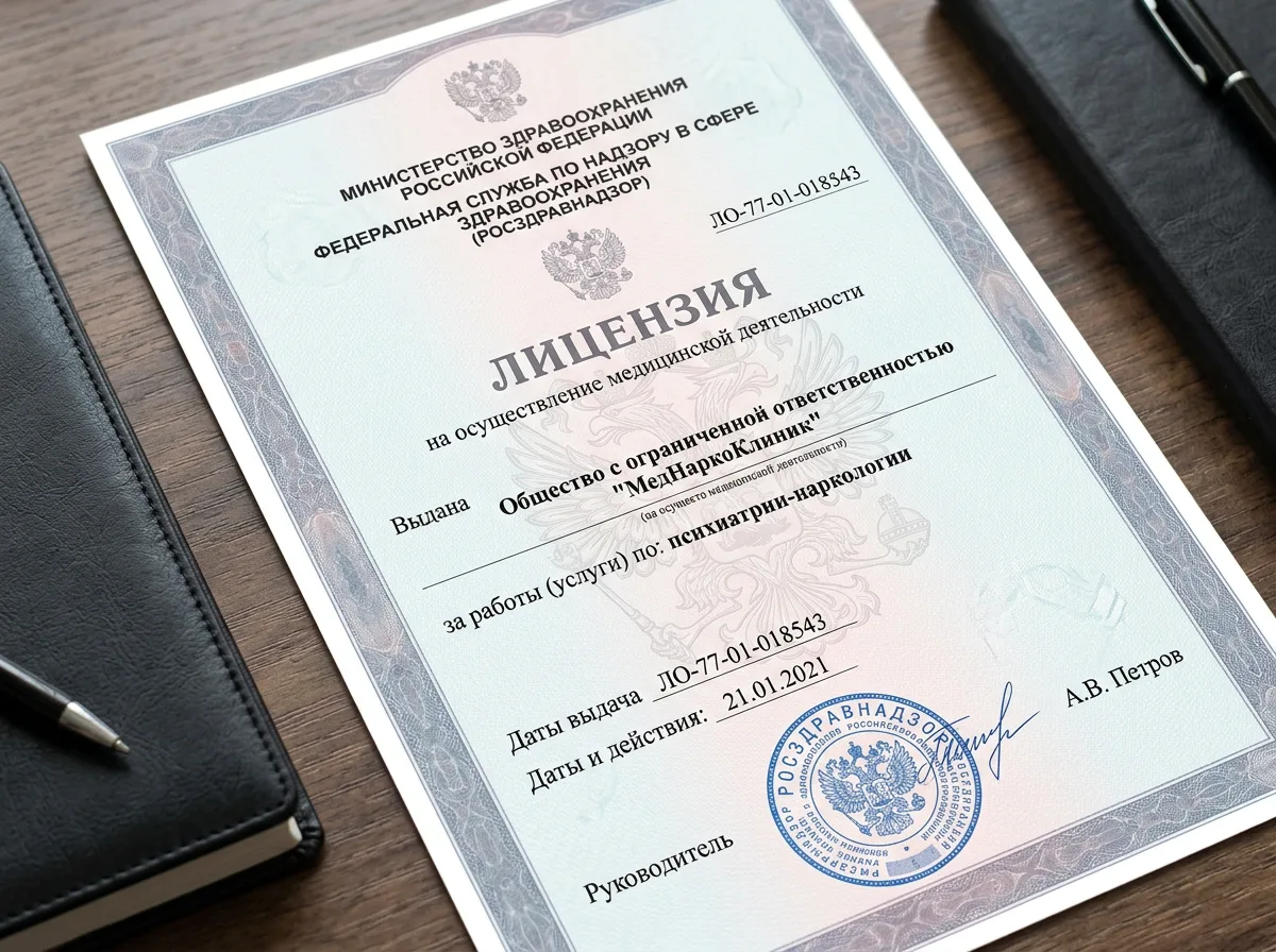 Лицензия на медицинскую деятельность по наркологии, официальный документ с печатью Росздравнадзора