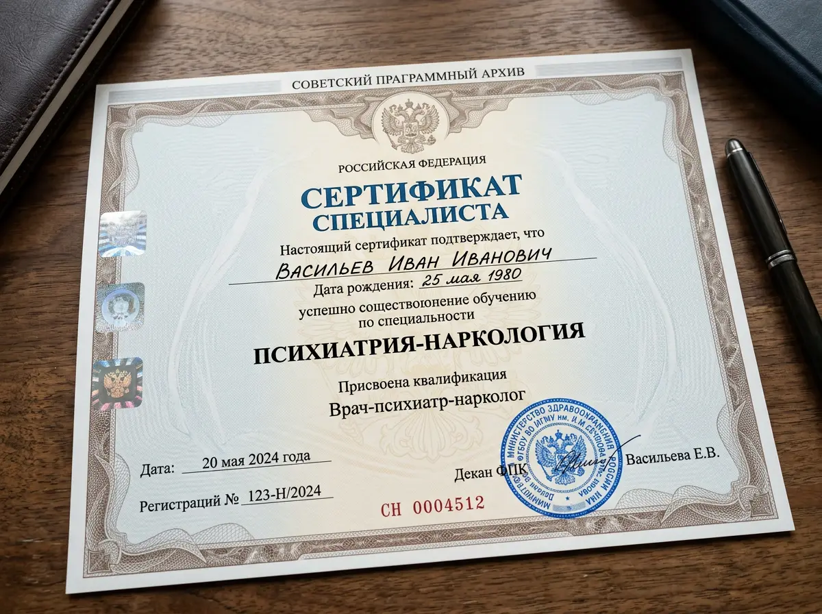 Сертификат специалиста врача нарколога, документ государственного образца с печатью медицинского учреждения