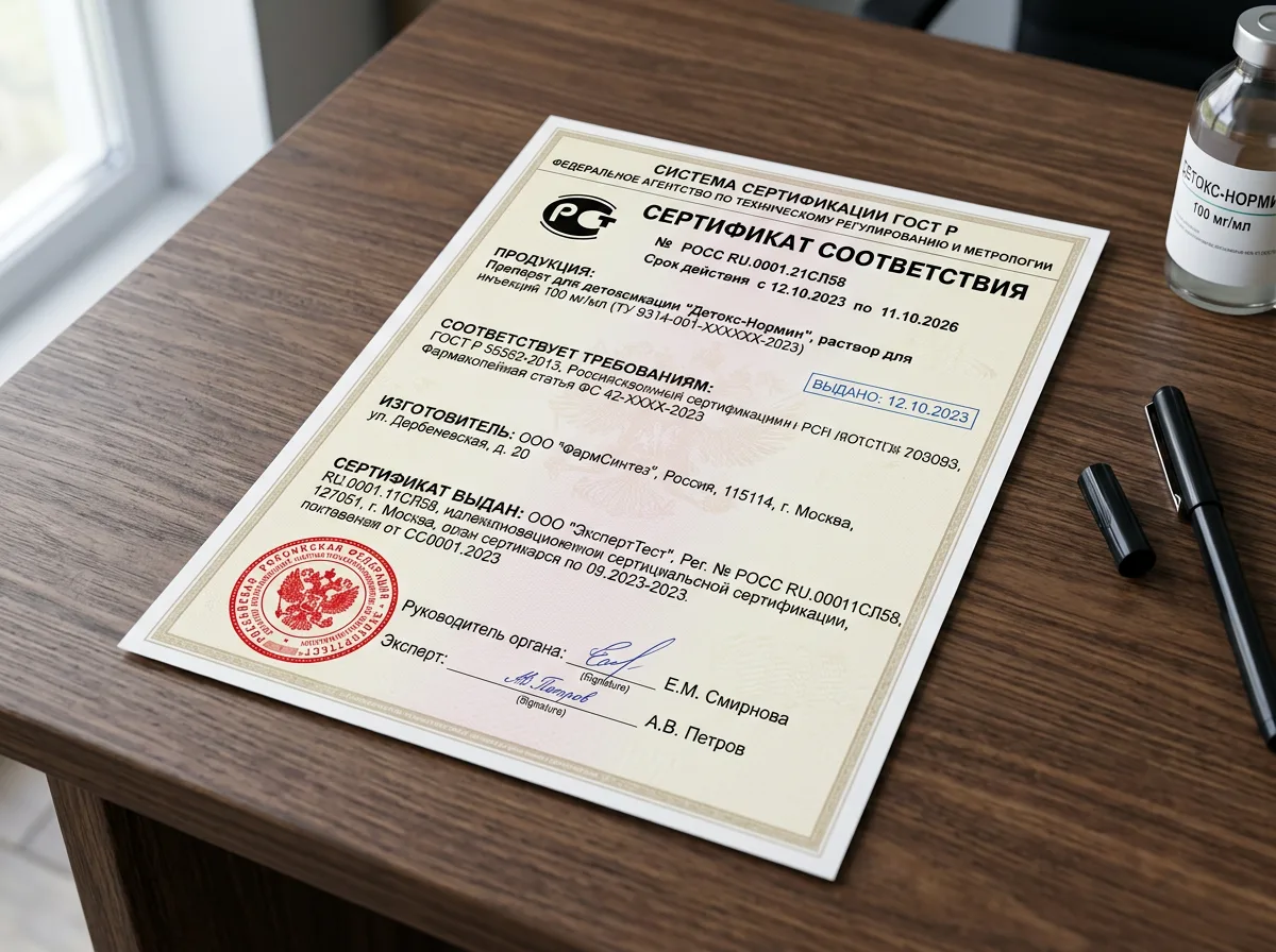 Сертификат соответствия на медицинские препараты для детоксикации, официальный документ с государственной печатью