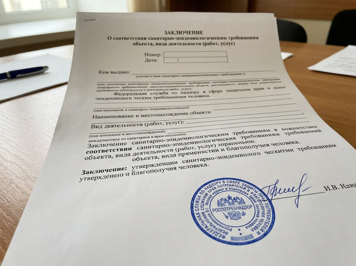 Заключение Роспотребнадзора о соответствии санитарным нормам, документ с синей печатью государственного органа