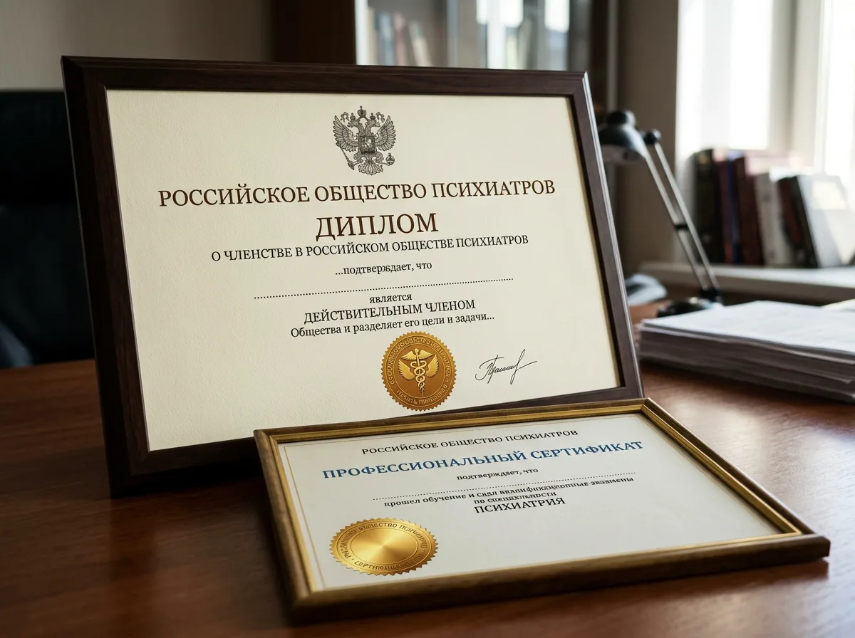 Диплом о членстве в Российском обществе психиатров, профессиональный сертификат с золотой печатью
