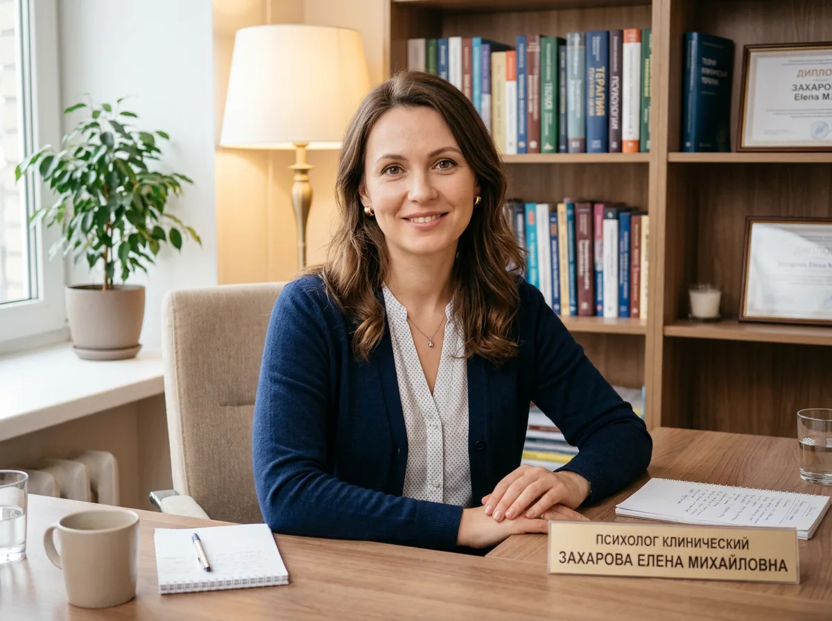 Психолог клинический Захарова Елена Михайловна, женщина 35 лет, мягкий приветливый образ, профессиональный портрет в кабинете